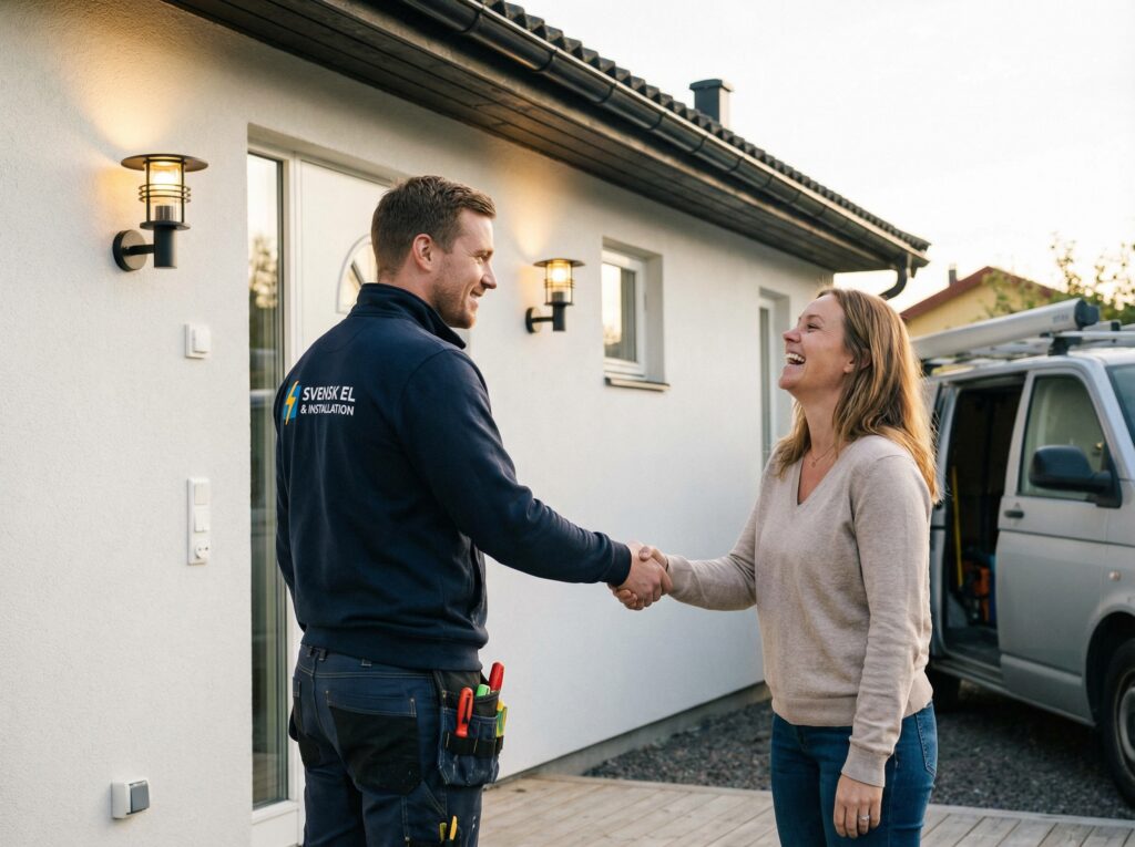 elektriker och kvinnlig kund på garageuppfart i Stockholm